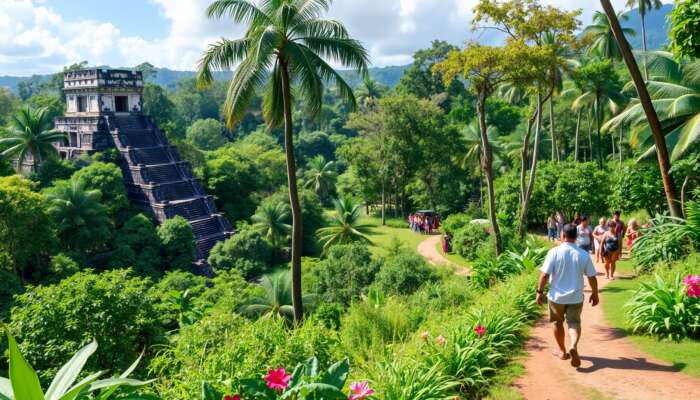Vibrant Belizean landscape with rainforest trail through Mayan ruins, colorful dancers, serene gardens, and guided tour group.