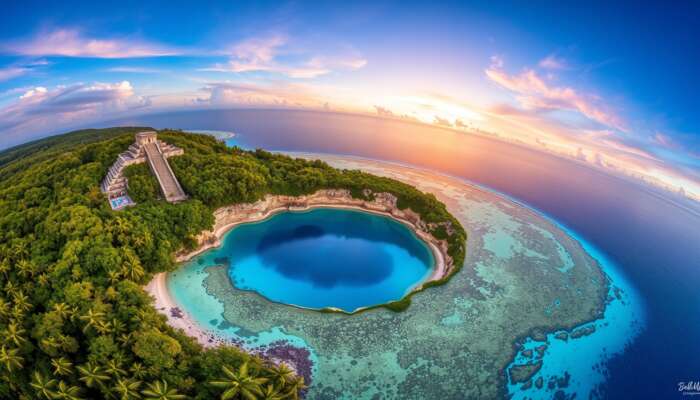 Aerial view of Belize's Great Blue Hole, a deep blue circle in turquoise waters, surrounded by Mayan ruins, jungles, beaches, and colorful reef at sunset.