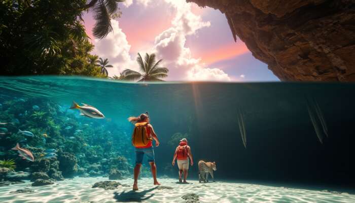 Vibrant Belize scene: snorkeler gliding over colorful reef with fish, hikers spotting jaguars in lush jungle, explorers in ancient stalactite-filled cave.