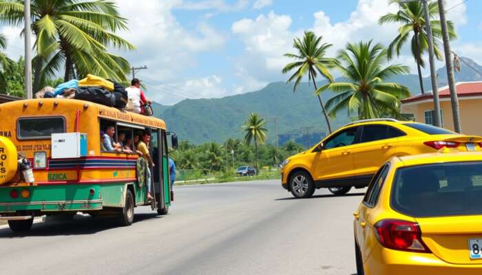 Belize street scene: colorful chicken bus with locals and luggage, yellow taxi, rental car under palm trees, sunny mountains.