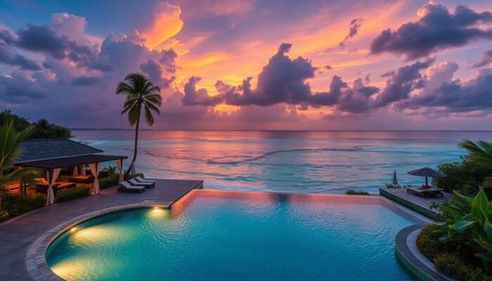 Luxurious Belizean resort at sunset, nestled in tropical jungles and beaches, with elegant suites, infinity pool, and gourmet dining.