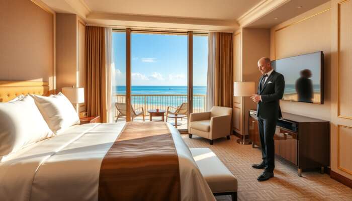 Luxurious Ritz-Carlton suite with plush silk bedding, smart screens, balcony overlooking a private beach, and attentive concierge in golden light.