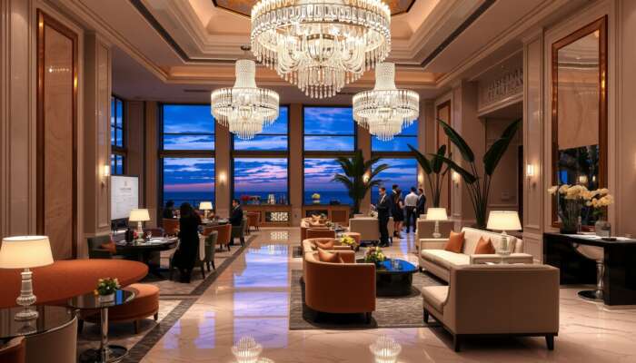 Luxurious hotel lobby at dusk with crystal chandeliers, plush velvet seating, marble floors, staff serving champagne, and elegantly dressed guests.