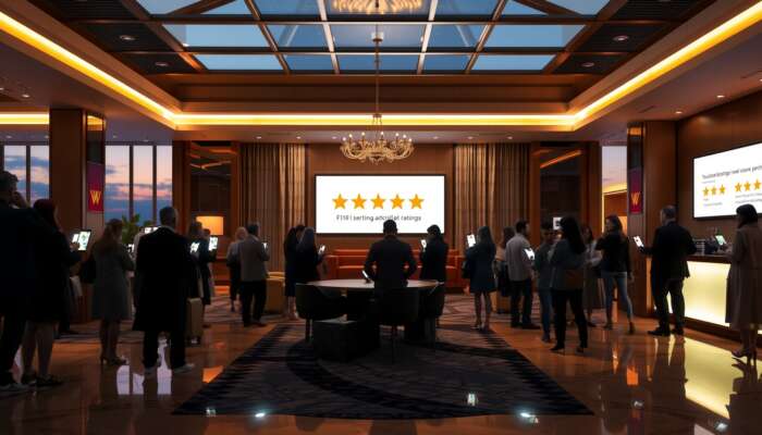 Luxurious hotel lobby at dusk, guests viewing five-star ratings and positive reviews on smartphones, symbolizing ratings' influence on travel decisions.