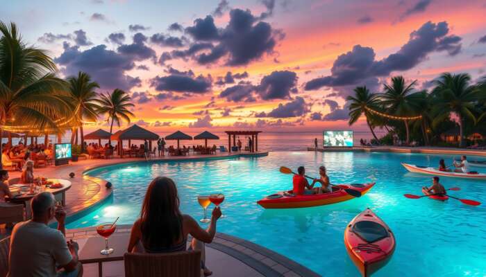 Sunset at a vibrant tropical beach resort: guests enjoy a buffet, poolside cocktails, kayaking, and entertainment under palm trees.