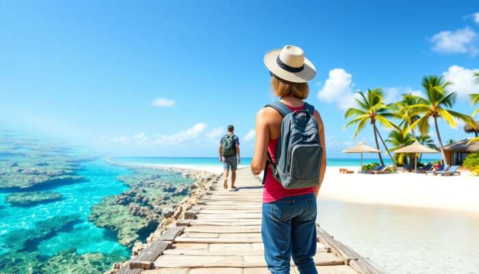 A traveler at a crossroads: one path to scuba diving in turquoise waters with coral reefs, the other to yoga on a sun-kissed beach with palm trees.