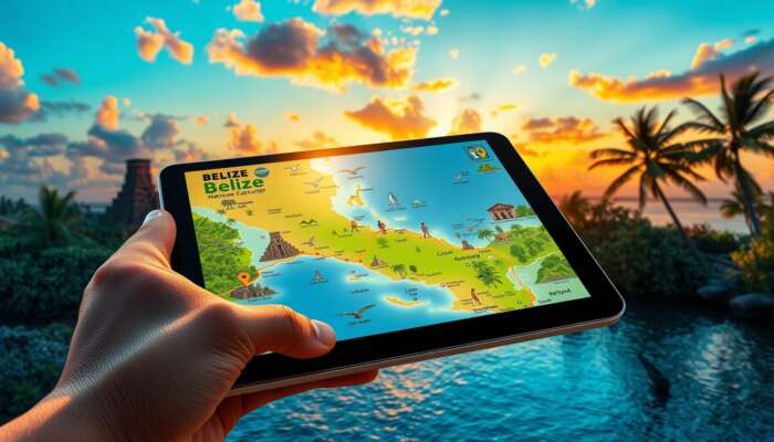 Interactive map of Belize on a tablet, highlighting routes through jungles, ruins, and beaches, with travelers exploring at sunset.