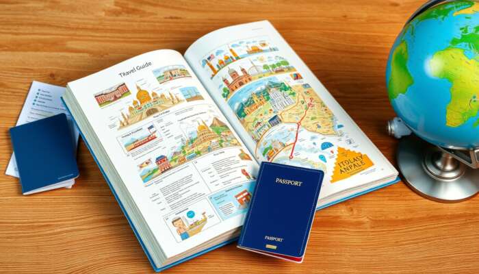 Vibrant illustration of an open travel guide book on a wooden table with maps, landmark photos, itineraries, globe, and passport.