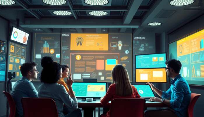 In a vibrant digital workspace, diverse users interact with intuitive tools on glowing screens, receiving animated feedback for engagement and learning.