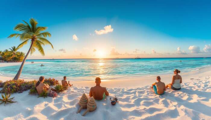 Tropical Ambergris Caye scene: crystal-clear waters with colorful marine life, palm-fringed beaches, families building sandcastles, couples at sunset, and snorkelers exploring.
