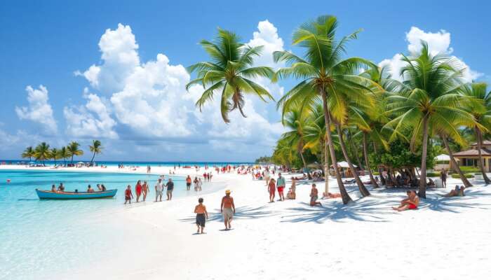 Vibrant Ambergris Caye beach scene: crystal-clear turquoise waters, white sands, swaying palm trees, and lively tourists under a sunny sky.