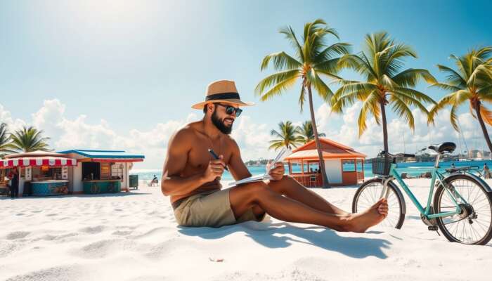 Traveler on white sands reviews budget notebook amid palm trees, street food stalls, bicycle, and distant resorts under sunny sky.