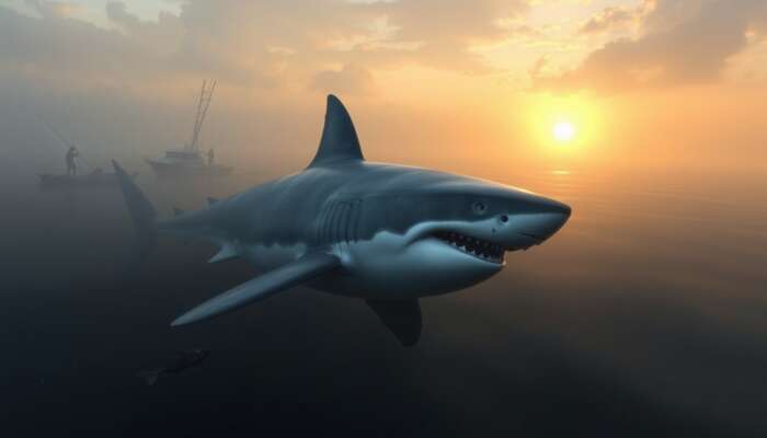 A massive great white shark glides through murky dawn waters, lured by blood from fishermen cleaning catch on a Belizean boat.
