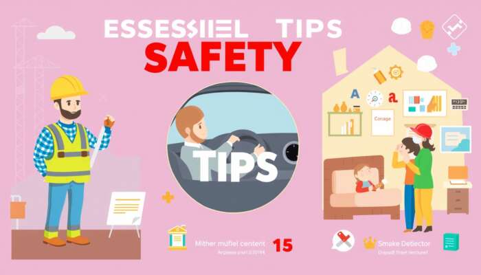 Vibrant educational poster showing safety tips: construction worker in hard hat, driver buckling seatbelt, family installing smoke detector, with icons.