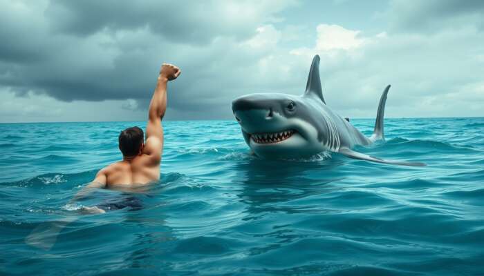 Swimmer calmly backs away from gray shark in turquoise waters, signaling help and targeting its eyes under stormy sky.