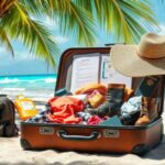 A packed suitcase sits open on a sandy beach under palm trees, ready for hassle-free travel. Clothes, boots, documents, sunscreen, and a wide-brimmed hat peek out. A camera bag is nearby; the ocean and blue sky complete this perfect getaway scene.