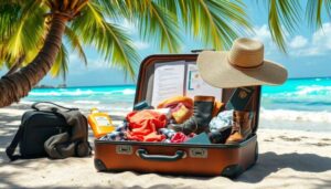 A packed suitcase sits open on a sandy beach under palm trees, ready for hassle-free travel. Clothes, boots, documents, sunscreen, and a wide-brimmed hat peek out. A camera bag is nearby; the ocean and blue sky complete this perfect getaway scene.