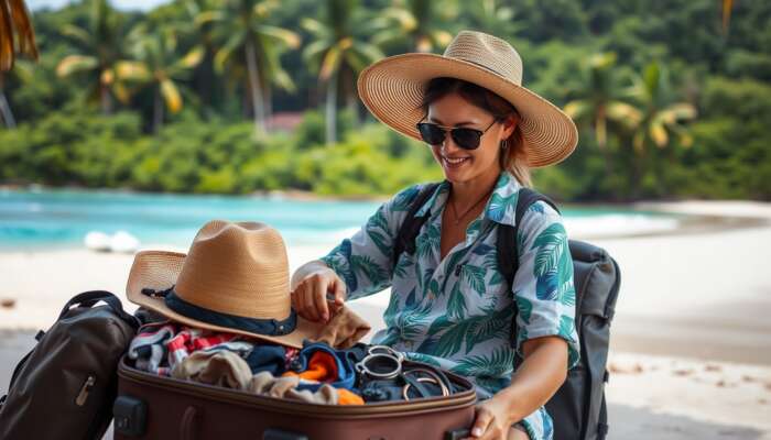 A traveler packs lightweight tropical clothing, including breathable shirts, swimwear, and hats, for a Belize adventure with jungle and beach backdrop.