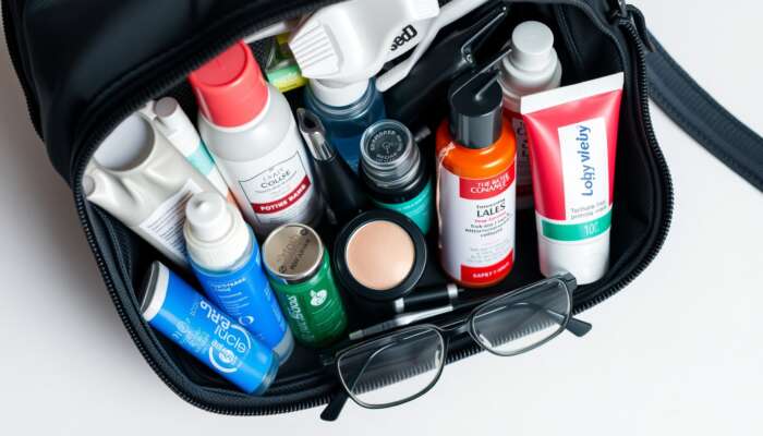 A compact travel bag filled with essentials: travel-sized toothpaste, shampoo, conditioner, deodorant, moisturizer, and a small mirror.