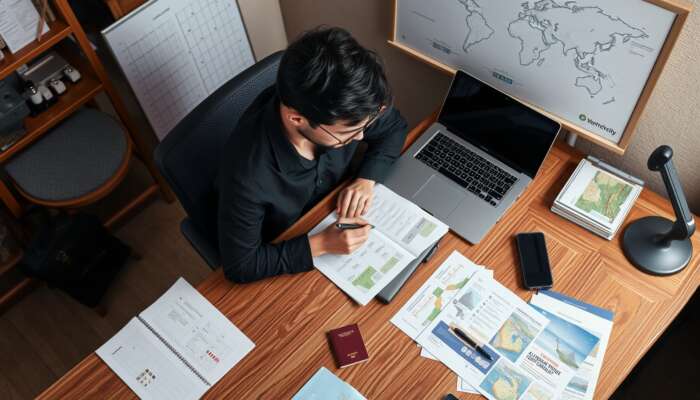 A focused traveler at a wooden desk reviews a checklist, passport, and travel documents on a laptop, surrounded by a world map and brochures.