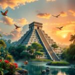 A large stepped pyramid stands in lush greenery near a pond with swans in San Ignacio, surrounded by tropical plants and flowers. Birds fly overhead as the sun sets, casting a warm glow—an inviting scene for travel and tourism enthusiasts.