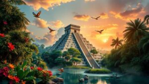 A large stepped pyramid stands in lush greenery near a pond with swans in San Ignacio, surrounded by tropical plants and flowers. Birds fly overhead as the sun sets, casting a warm glow—an inviting scene for travel and tourism enthusiasts.