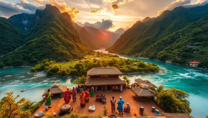 Majestic mountains and crystal-clear rivers surround a welcoming village with locals in colorful traditional attire under a golden sunset.