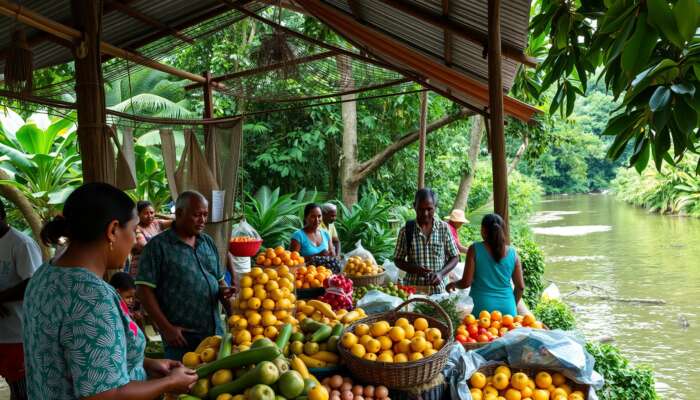 Bustling market in San Ignacio, Belize, with locals chatting amid fresh tropical fruits, lush jungles, and a serene river.