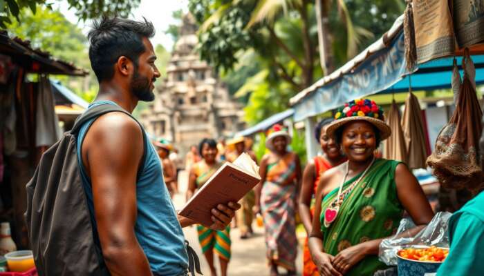 A determined traveler in San Ignacio's market uses a phrase book to engage smiling locals in traditional attire, amid Mayan ruins and lush jungle.