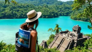 A woman in a hat and backpack stands overlooking turquoise water and dense green forest, with a stone temple below—discovering the hidden gems of Belize San Pedro. Her backpack holds "The Xamanek Belize," its cover adorned with a shell.