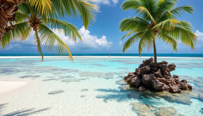 Belize's pristine shores with soft white sand, crystal-clear turquoise waters, vibrant coral reefs, under a sunny sky with palm trees.