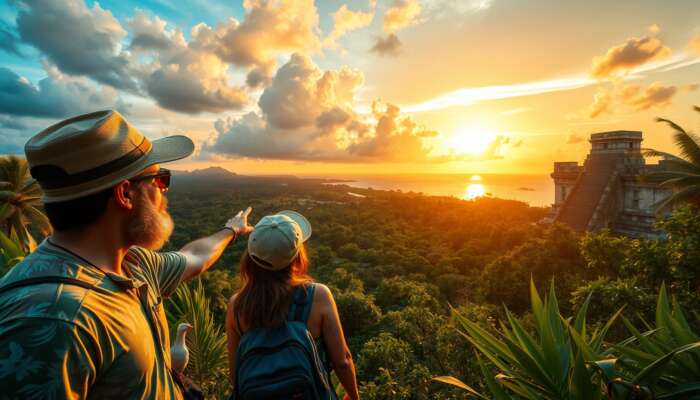 A traveler explores Belize's lush rainforests with a local guide, viewing ancient Mayan ruins, colorful wildlife, under a golden sunset and turquoise waters.