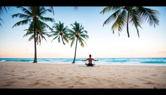 A person practicing yoga on a serene Belizean beach at dawn, surrounded by swaying palm trees and gentle turquoise waves.