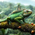 A green iguana with striped patterns rests on a mossy tree branch in the dense, tropical forests of San Ignacio, Belize. Small round fruits are scattered along the branch, and blurred foliage fills the background.