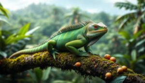 A green iguana with striped patterns rests on a mossy tree branch in the dense, tropical forests of San Ignacio, Belize. Small round fruits are scattered along the branch, and blurred foliage fills the background.