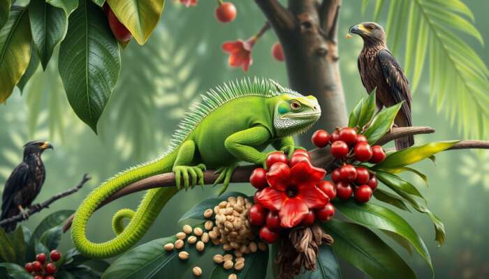 A vibrant green iguana perched on a lush branch, eating fruits with seeds below, surrounded by foliage and a watchful bird.