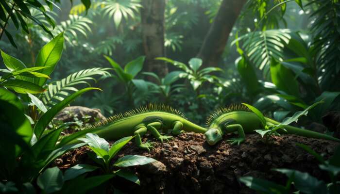 Green iguanas grazing on lush tropical foliage, their droppings fertilizing soil, promoting a balanced ecosystem with diverse wildlife.