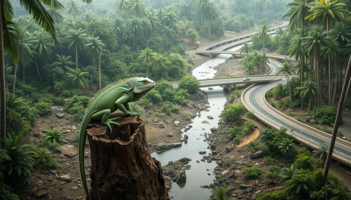 Emaciated green iguana perches on a barren tree stump in a fragmented tropical forest, surrounded by polluted streams, highways, and scarce vegetation.