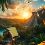 A person wearing a hat holds a smartphone displaying an interactive guide map while gazing at a large ancient pyramid in Belize, surrounded by lush jungle as the sun sets in the background.