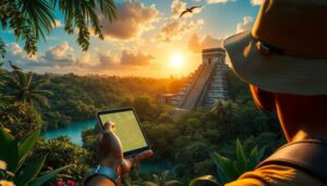 A person wearing a hat holds a smartphone displaying an interactive guide map while gazing at a large ancient pyramid in Belize, surrounded by lush jungle as the sun sets in the background.