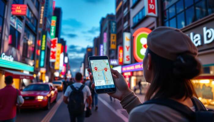 A traveler on a bustling city street at dusk, holding a glowing smartphone with an interactive map showing routes, hotels, restaurants, and attractions.