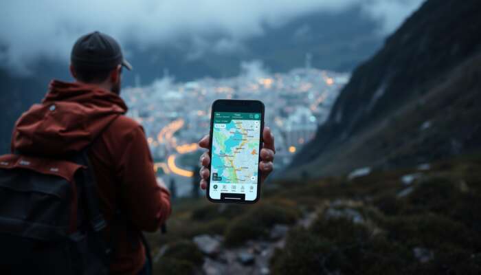 Hiker on misty mountain trail holding smartphone with digital map, showing real-time updates, weather forecasts, and local recommendations, with urban elements in background.