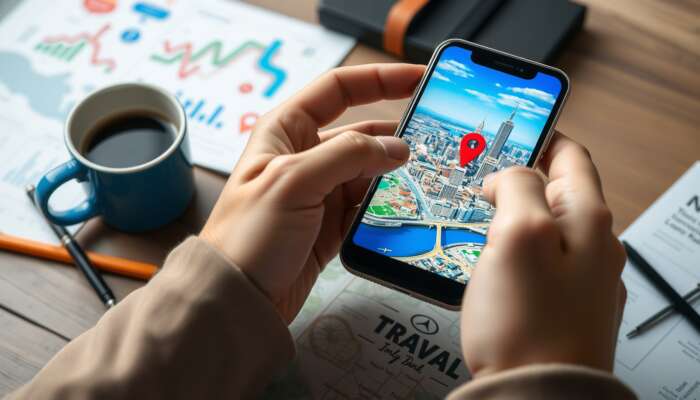 Hands pinching a smartphone screen to zoom on a vibrant city map with a red pin, surrounded by travel guides and a coffee cup.