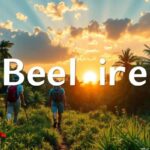 Two hikers with backpacks walk on a grassy path surrounded by tropical plants and palm trees at sunrise, enjoying early summer activities. The word “Beeliire” is displayed in large white letters across the image.