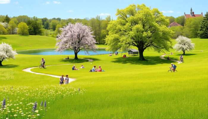 Early summer meadow scene: friends hiking trails amid wildflowers, families picnicking under trees, cyclists on paths, swimmers in a lake under blue sky.