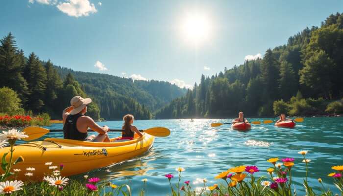 Early summer lake scene: families kayaking and swimming in sparkling blue waters, surrounded by green forests and wildflowers under a clear sky.