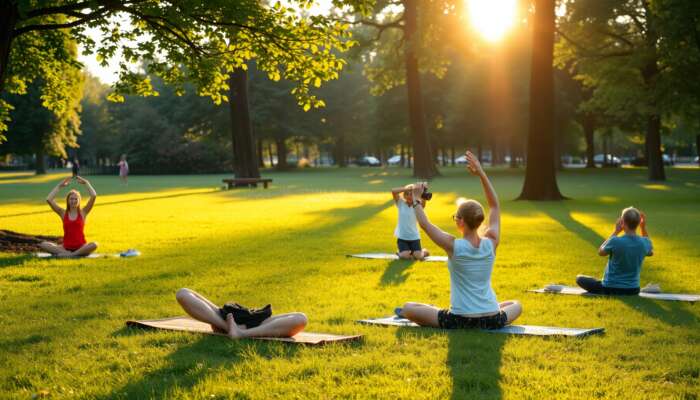 A serene dawn in an early summer park: diverse people practicing yoga on dew-kissed grass, someone photographing vibrant wildflowers, sunlight filtering through trees.