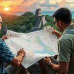 Two men sit on a hilltop at sunset, examining a map labeled "Belize." Ancient ruins and lush greenery stretch below, with the ocean and a dramatic sky beyond—a perfect scene for a learning adventure in Belize. Both wear casual clothes and backpacks.