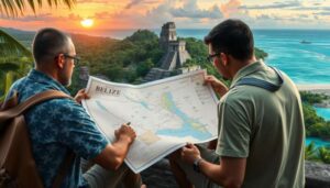 Two men sit on a hilltop at sunset, examining a map labeled "Belize." Ancient ruins and lush greenery stretch below, with the ocean and a dramatic sky beyond—a perfect scene for a learning adventure in Belize. Both wear casual clothes and backpacks.
