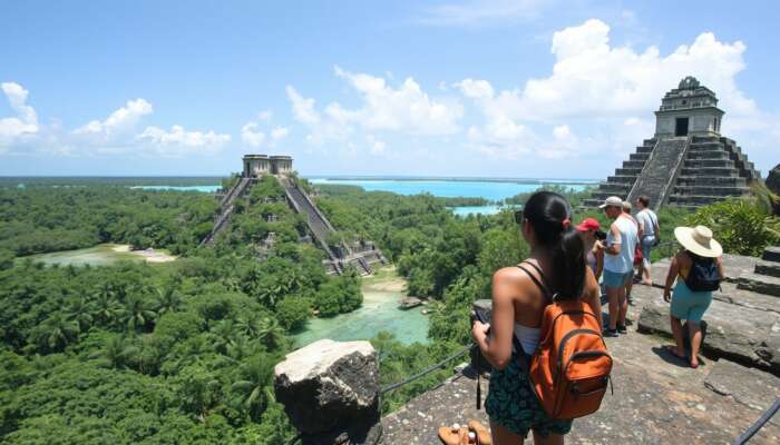 A diverse group of travelers and families explores ancient Mayan ruins and snorkels in crystal-clear Belizean waters, guided by locals amid lush jungles.
